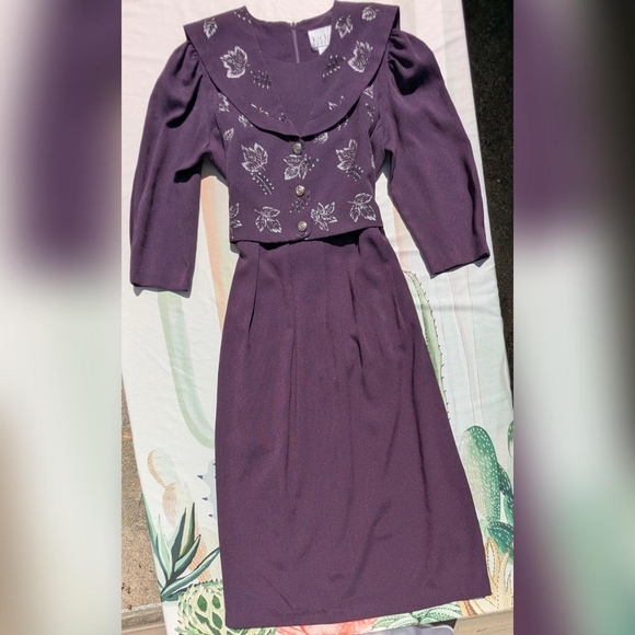 Vintage 90's Miss Dorby Petites Eggplant Purple & Silver Fall Leaf Dress - Picture 1 of 7